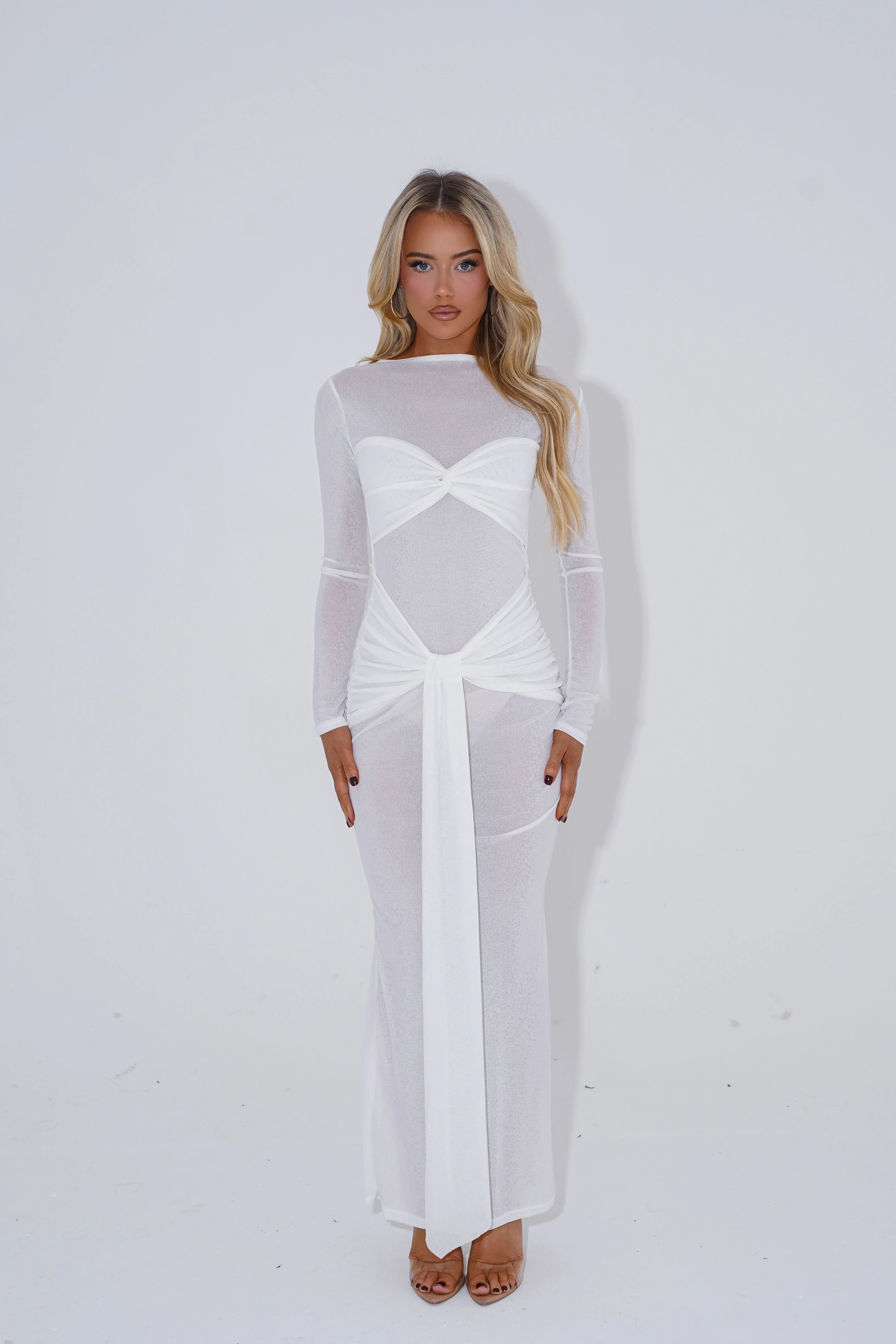 The long sleeve twist maxi dress - white